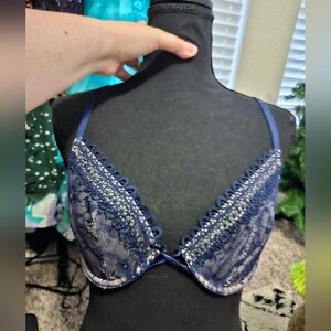 Victorias Secret Lace Racerback Bralette - Navy Blue Cream 34C